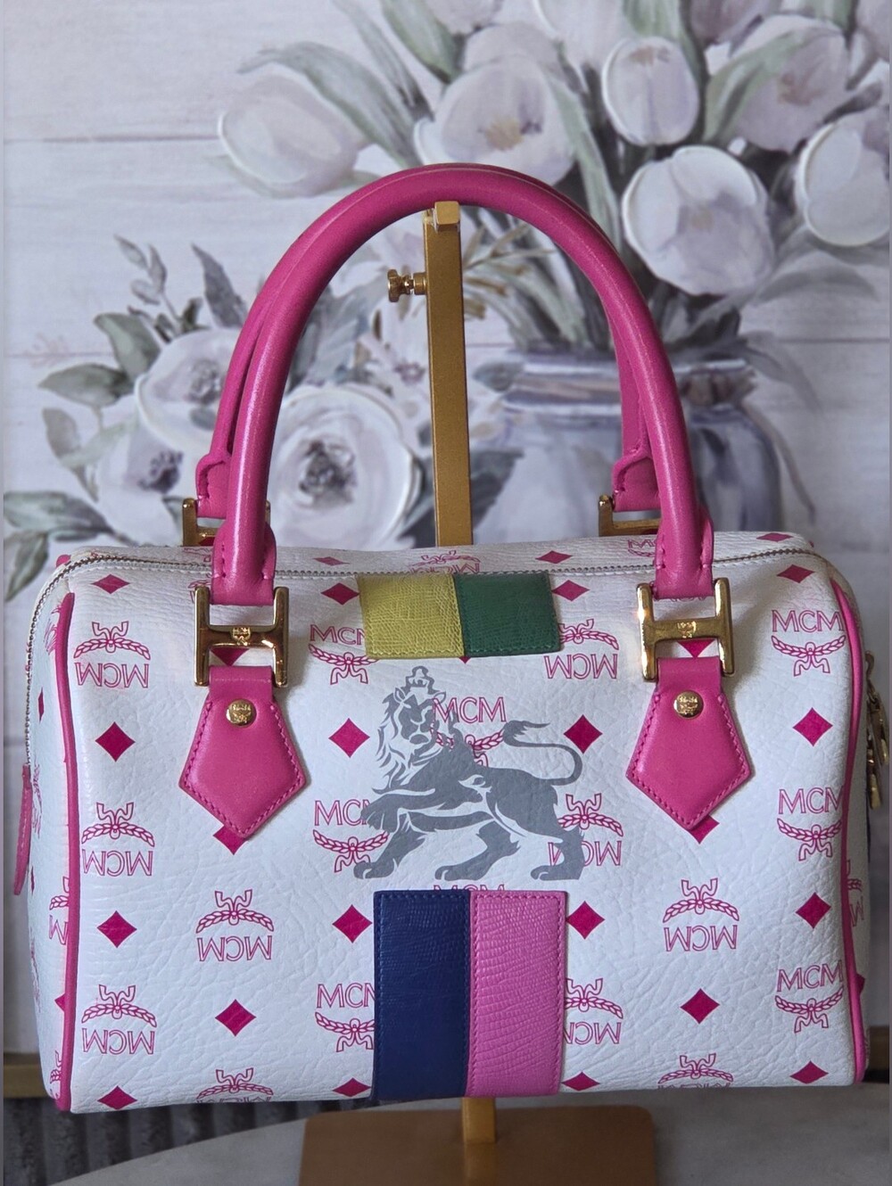 MCM Princess Lion White Satchel with Pink Handles & Trim  W/ Gold Hardware